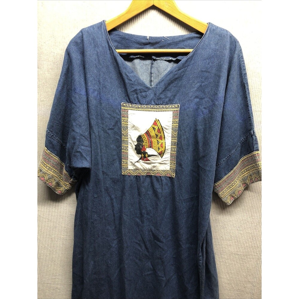 Denim Dress Nefertiti Embellished Ethnic Trim 1/2 Sleeve Midi Length V Neck